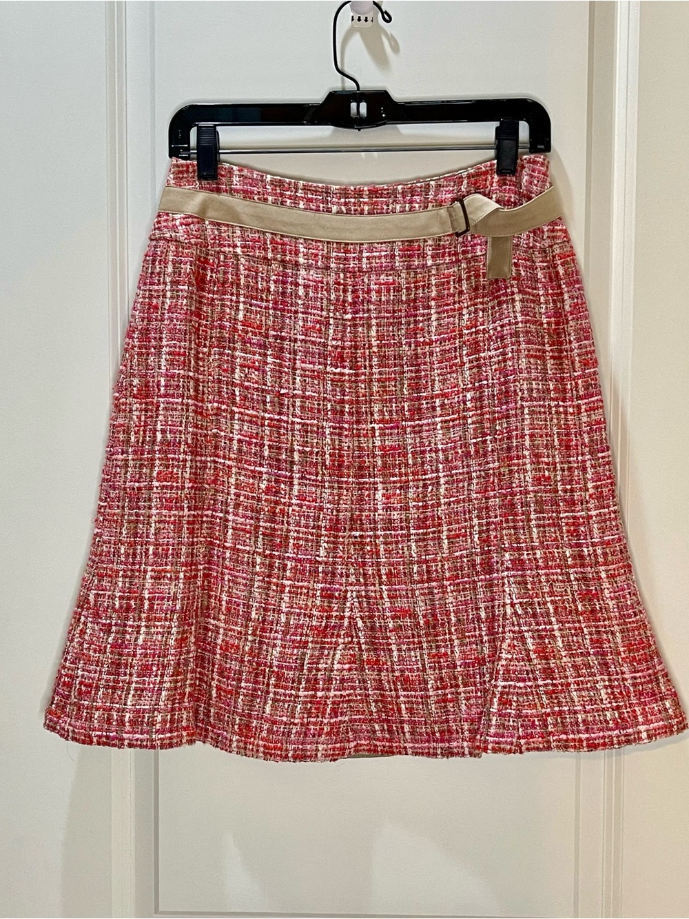 Carlisle Vintage Pink Tweed A-Line Skirt Cotton Wool Silk Belted 8
